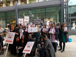Activists publicly demonstrating opposition to Brett Bailey's 'Exhibit B-Human Zoo', outside the Guildhall in central London. Date:  11th September 2014.