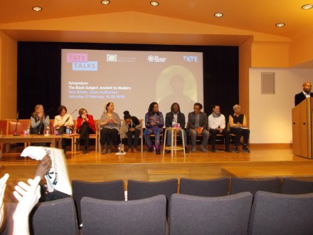 Contributing speakers (left to right): Jan Marsh, Laura Marcus, Roshan McClenahan, Gemma Romain, Caroline Bressey, Kimathi Donkor, S.I. Martin, Michael Ohajuru, Florian Stadtler, Partha Mitter and David Dibosa (standing at the podium).