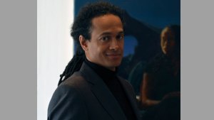 British artist Kimathi Donkor pictured in front of his painting Andromeda (2011). Source: InIVA [http://www.iniva.org/]