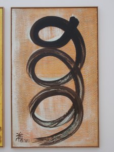 Artwork from the 'Alchimie' series (2011) by El Hadji Sy. Acrylic and tar on jute sacking. 130 x 80 cm.