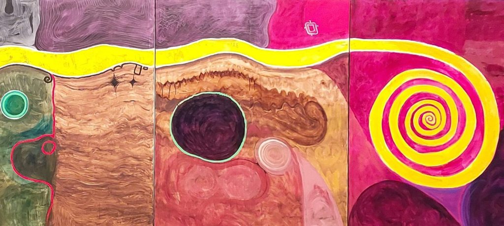 An ink and acrylic-based artwork on canvas, painted by Nigerian artist Obiora Udechukwu. This abstract image features spirals and circles and is titled "Our Journey" (1993).