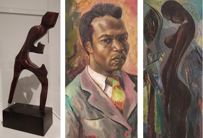 Three artworks by Nigerian modernist Ben Enwonwu: a mahogany sculpture of a boxer; the artist's self-portrait; and a painting of a female nude.
