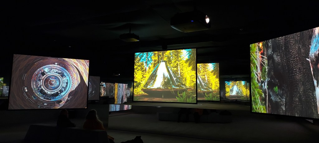 Filmed images of a space capsule inside a forest, and scenes of insects and other wildlife in their forest habitats, presented in a multi-channel,  five-screen art installation.