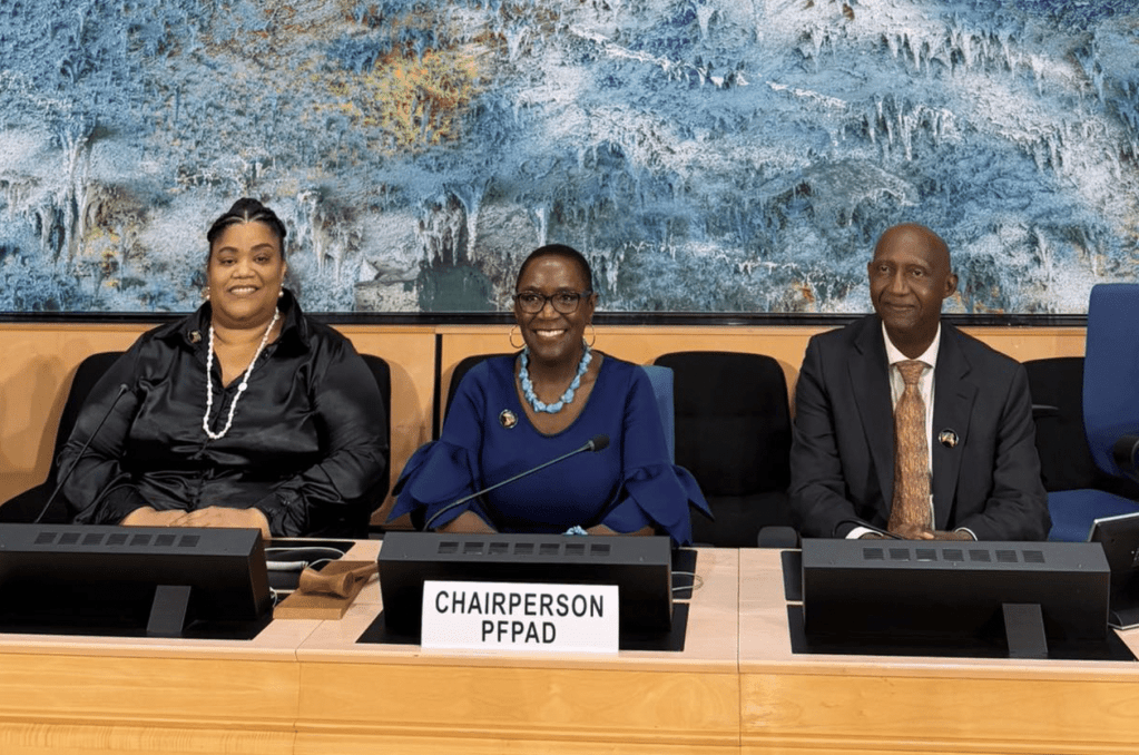 Three postholders from the Permanent Forum on People of African Descent's expert group seated at a table on stage in the Assembly Hall of the United Nations in Geneva.
