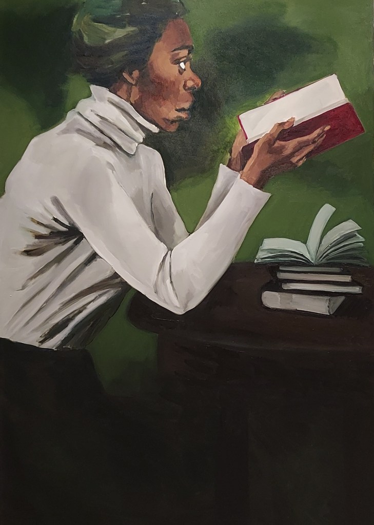 Painting of a woman, shown in profile holding an open book, leaning against a table.